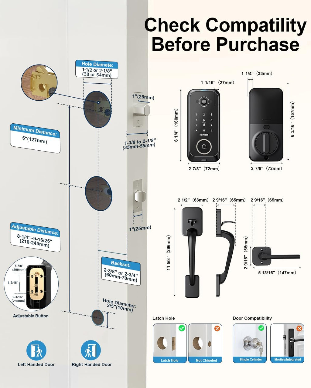 Smart Front Door Lock Sets: 2K HD Camera Lock with Doorbell Kits, Hornbill Fingerprint Keyless Entry Door Lock with Handles, WiFi Deadbolt(only 2.4G) for Remote Control, Free APP/Alexa/PIR, Black