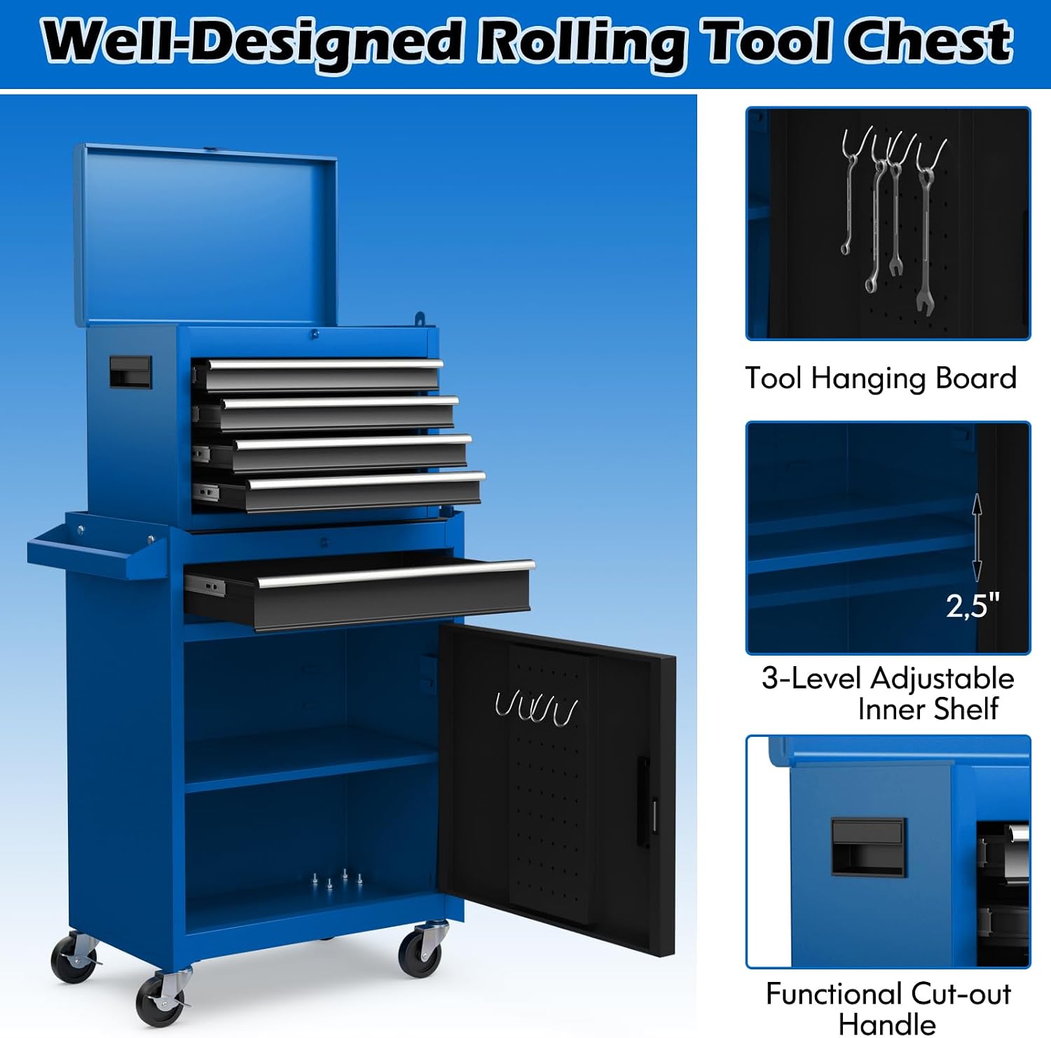 IRONMAX 5-Drawer Rolling Tool Chest, 2-in-1 Detachable Heavy Duty Tool Box Storage Cabinet with Auto Lock, Adjustable Shelf & Hooks, Metal Toolbox on Wheels for Garage Workshop (Blue)