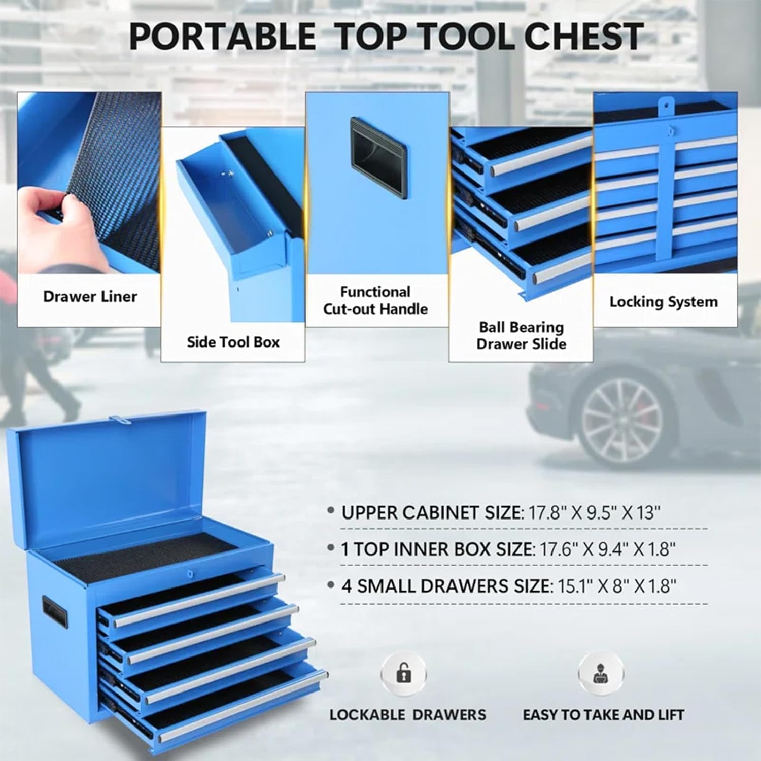 5 Drawers Rolling Tool Chest, 2-in-1 Detachable Metal Tool Storage Cabinet with Wheels, Lockable Tool Cart with Hooks for Garage, Workshop or Salon Use, Blue