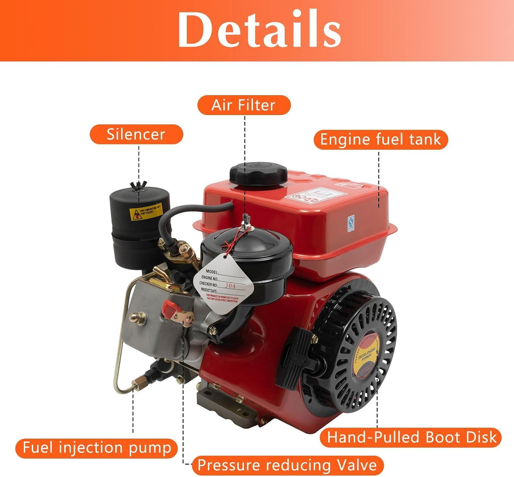 Diesel Engine, 196Cc 4-Stroke Single-Cylinder Diesel Engine, 3HP Engine with Air-Cooled Recoil Starter Systemdiesel Engine for Go-Karts, Lawnmowers, Generators, Log Cutters