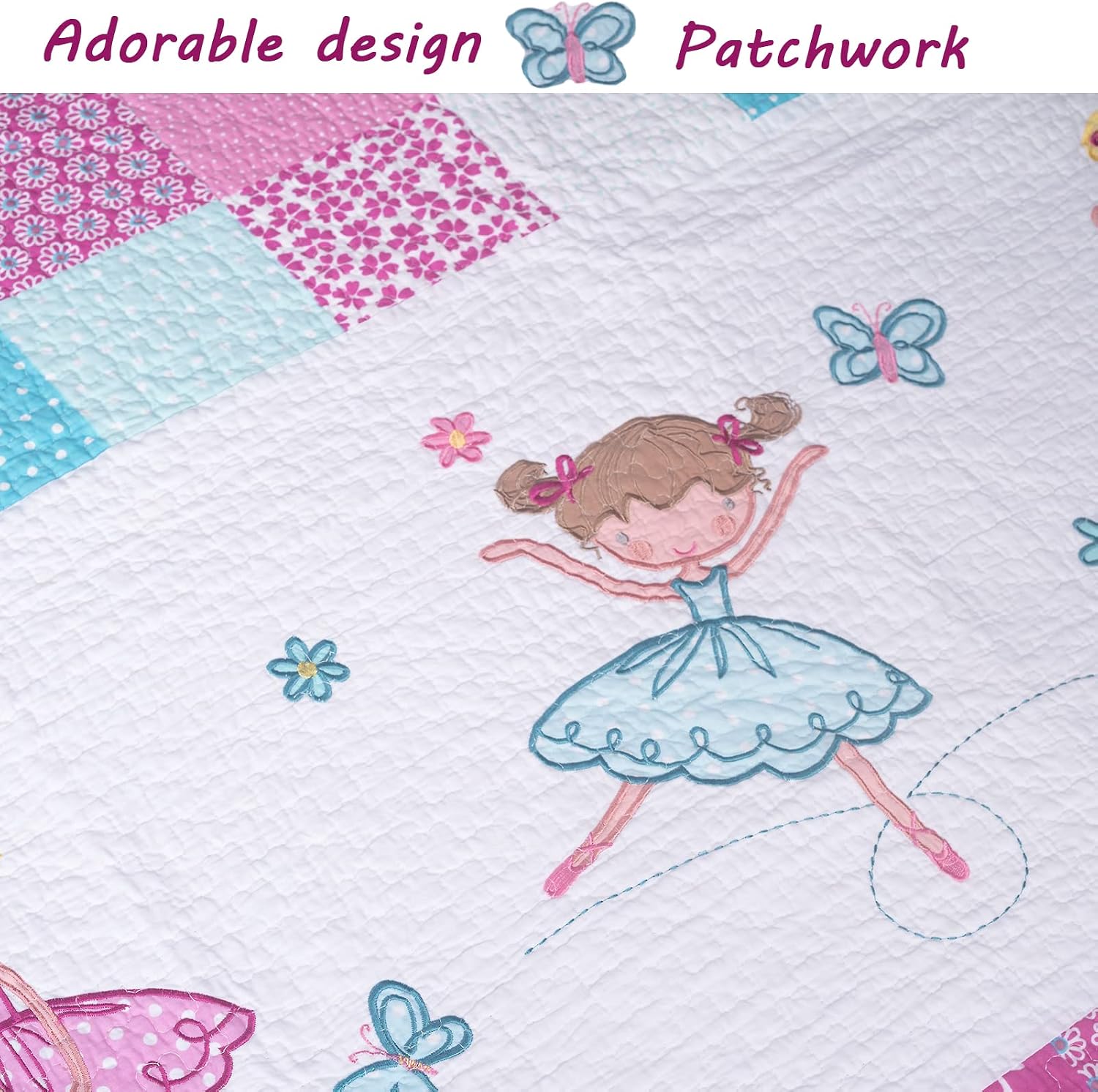 Cozy Line Home Fashions 7 Piece Twin Size 100% Cotton Pink Girl Reversible Bedding Quilt Set, Bedspread Coverlet for All Seasons (Ballerina Dance Princess, Twin - 7 Piece)