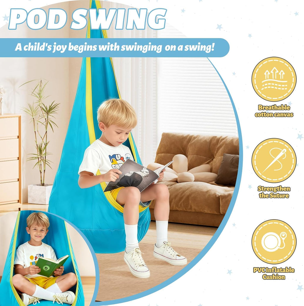 Swing Stand Frame with Sensory Swing Pod Chair, X-Shaped Swing Set, Metal Hammock Chair Stand for Adults Indoor and Outdoor 330LBS (Patterned-Star Blue)