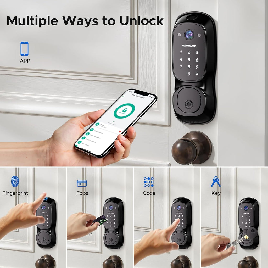 Camcamp Smart Door Lock,Fingerprint Keyless Entry Door Lock with Camera&Doorbell,Built-in Wi-Fi Deadbolt Smart Lock for Front Door,2-Way Audio,App Control,8Months Battery,Auto Locking,IP66Waterproof