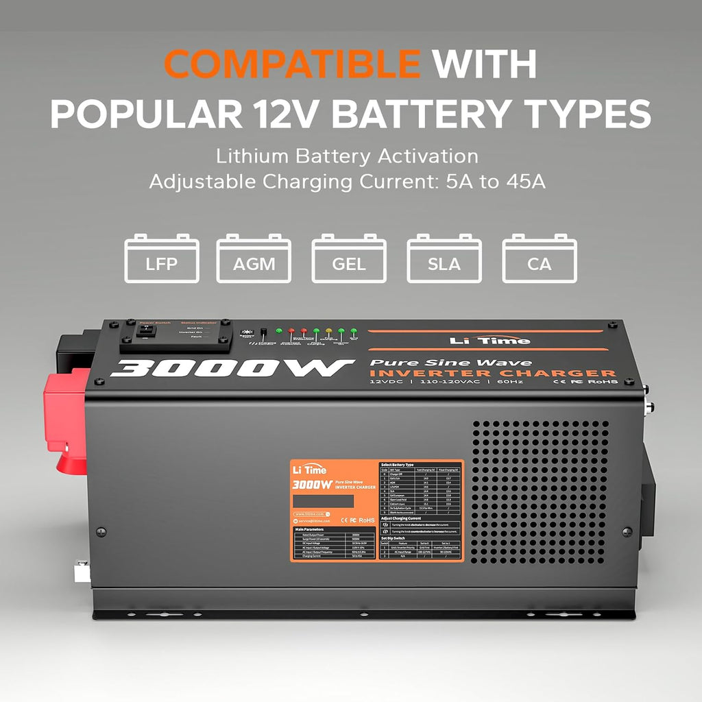 LiTime 3000W Inverter Charger, Pure Sine Wave Inverter 12V DC to 120V AC, 9000W Peak Power, UPS Function, 5A - 45A Adjustable Current, LCD Remote Control for RV, Home Backup, Truck, Boat