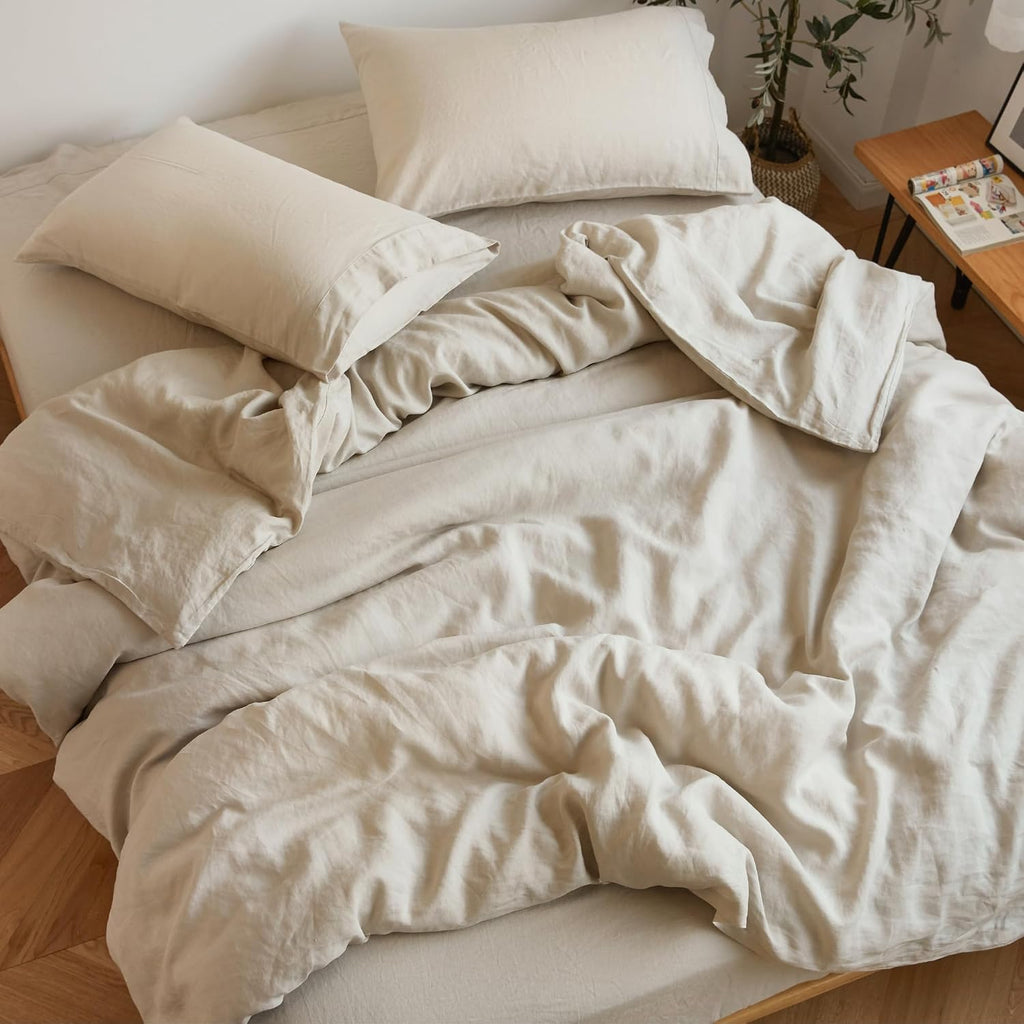 Sijo Stone Washed Organic French Linen Bed Sheet Set, GOTS Certified Organic, Best Cooling Linen Sheet Award by Sleep Foundation, 4 Piece - 2 Pillowcases, 1 Fitted and 1 Flat (Classic, Queen)