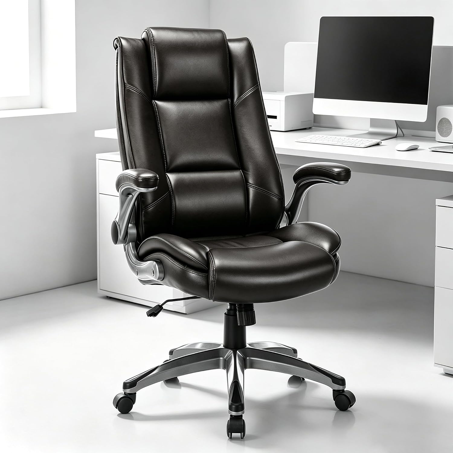 COLAMY Leather Executive Office Chair - High Back Ergonomic Home Computer Desk Chair with Padded Flip-up Arms, Adjustable Tilt Lock, Swivel Rolling Chair for Adult Working Study, Brown