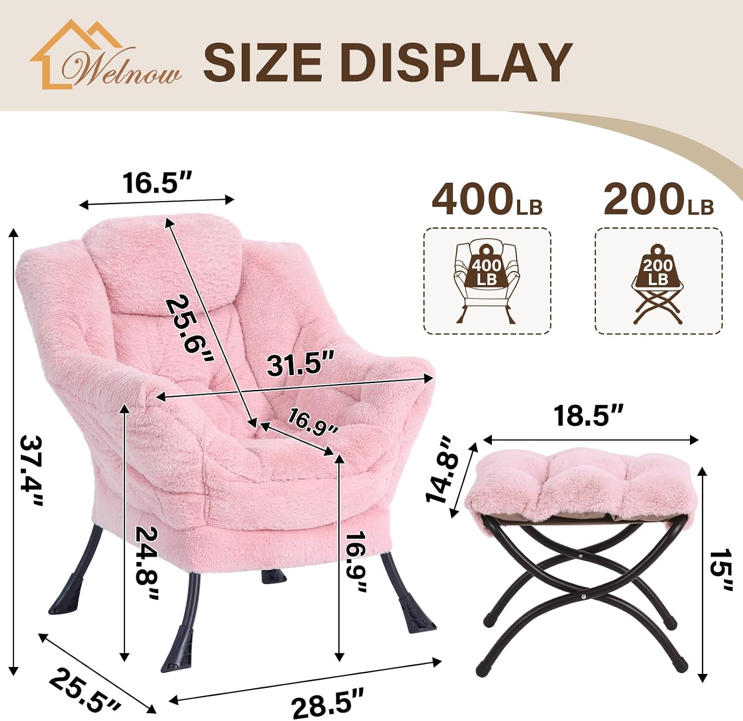 Welnow Lazy Chair with Ottoman, Modern Accent Chair with Armrests and a Side Pocket, Leisure Sofa Armchair Set, Reading Armchair with Footrest for Small Space, Plush Pink