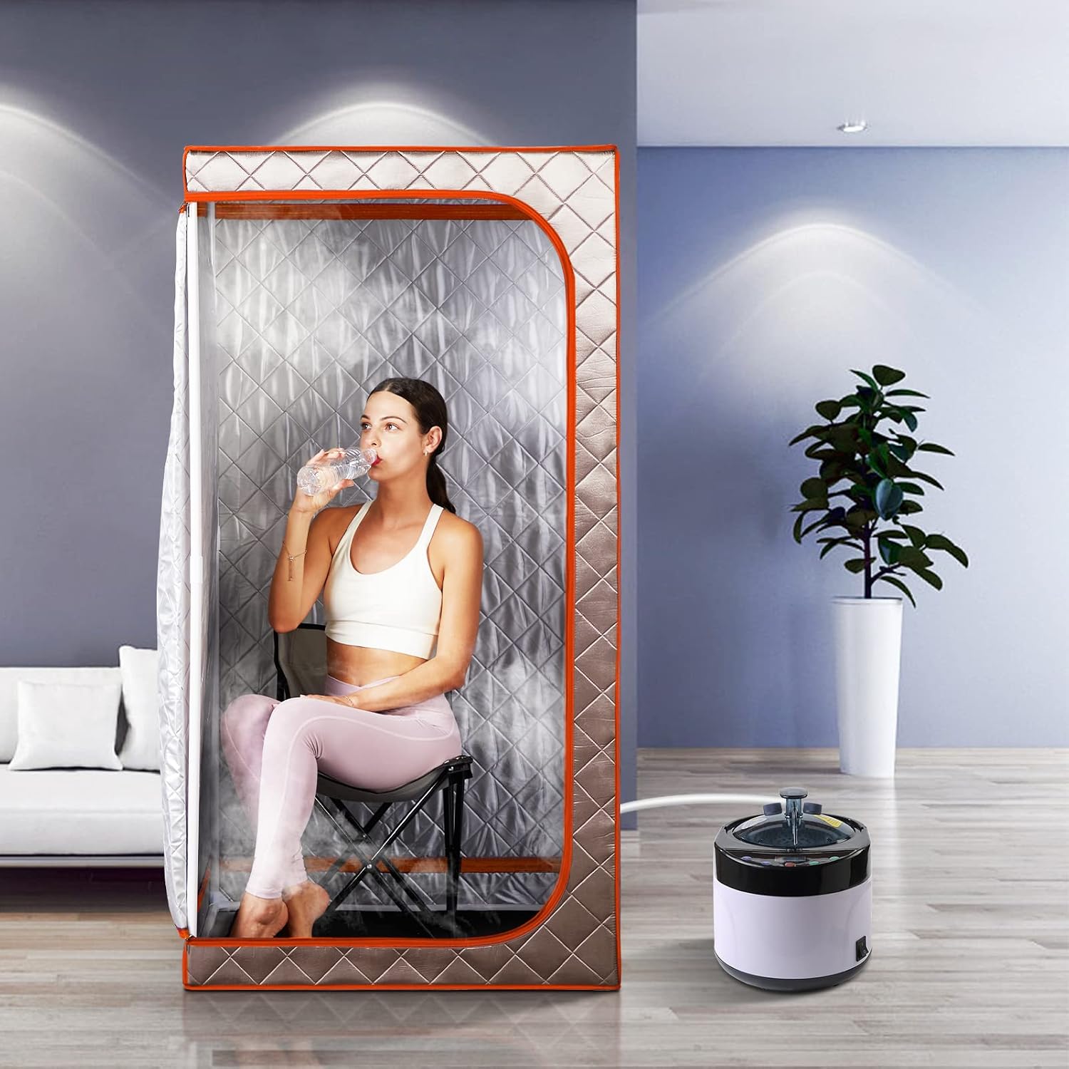 Portable Steam Sauna, Full Size Personal Sauna for Home, with 4L & 1500W Steam Generator, Remote Control, Timer (Single Steam 4L Steamer Set - Dark Grey Orange Rim, 33.85' x 33.85' x 65.74')