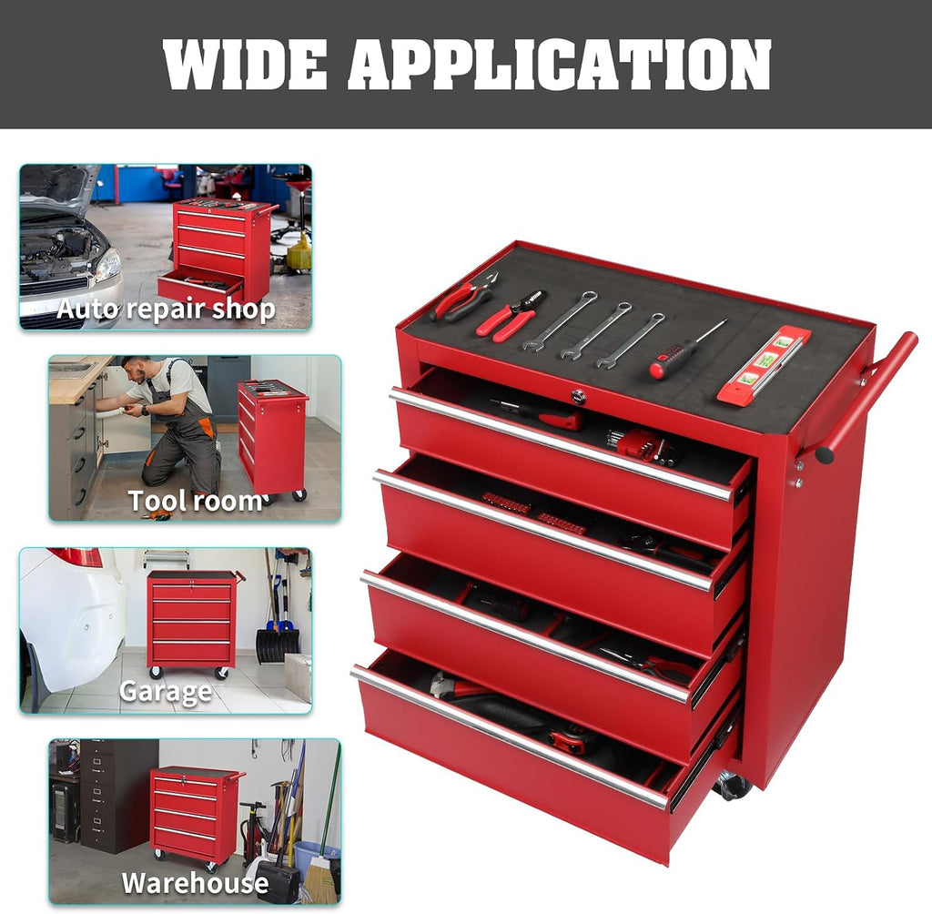 Vasitelan Tool Chest, 4 Drawers Rolling Tool Chest with Wheels, Portable Rolling Tool Box on Wheels, Tool Chest Organizer for Garage, Workshop, Home Crafts Use (Red)