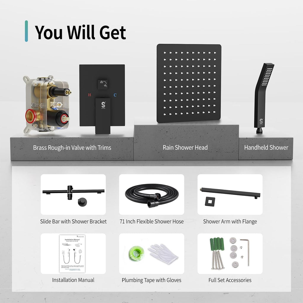 SR SUN RISE 12 Inch Slide Bar Shower Faucet Luxury High Pressure Shower Heads and Handheld Spray Combo Set Wall Mounted Shower System Included Valve and Trim Kit, Matte Black