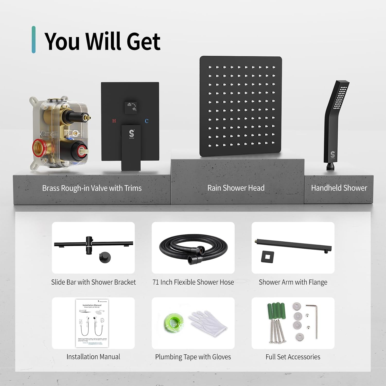 SR SUN RISE 12 Inch Slide Bar Shower Faucet Luxury High Pressure Shower Heads and Handheld Spray Combo Set Wall Mounted Shower System Included Valve and Trim Kit, Matte Black