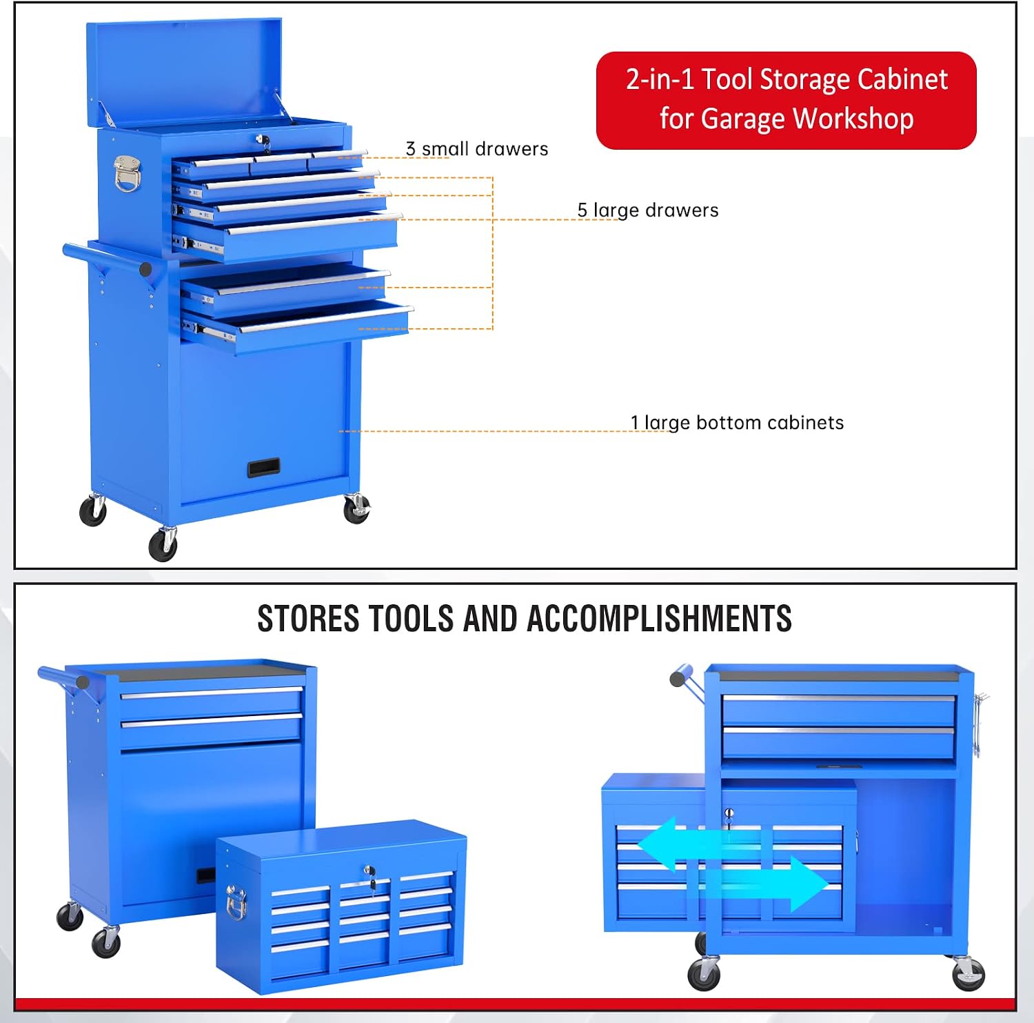 8 Drawers Rolling Tool Chest with Drawers, High Capacity Toolbox on Wheels, Lockable Drawers Tool Box Organization and Storage, Tool Cabinets on Wheels for Garage and Repair Shop (Blue, 8 Drawers)