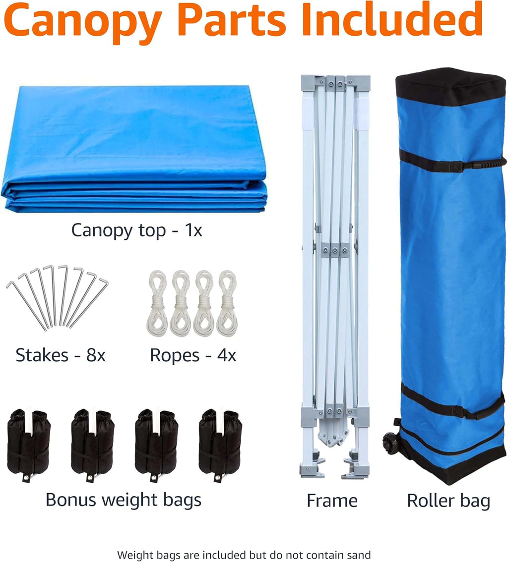 Amazon Basics Outdoor Pop Up 10 x 10 Canopy Tent for Events, Portable with Easy Setup, Sun Shelter for Outdoor Activities, Includes Wheeled Carry Bag, 8 Pegs, 4 Ropes, 4 Weighted Bags, Blue
