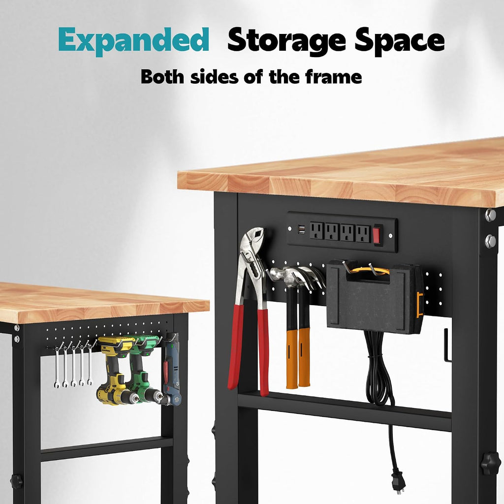 70'' Adjustable Workbench, 2000 LBS Load Capacity Heavy Duty Workstation with Power Outlets, Rubber Wood Top Worktable for Garage, Office,Workshop, Commercial