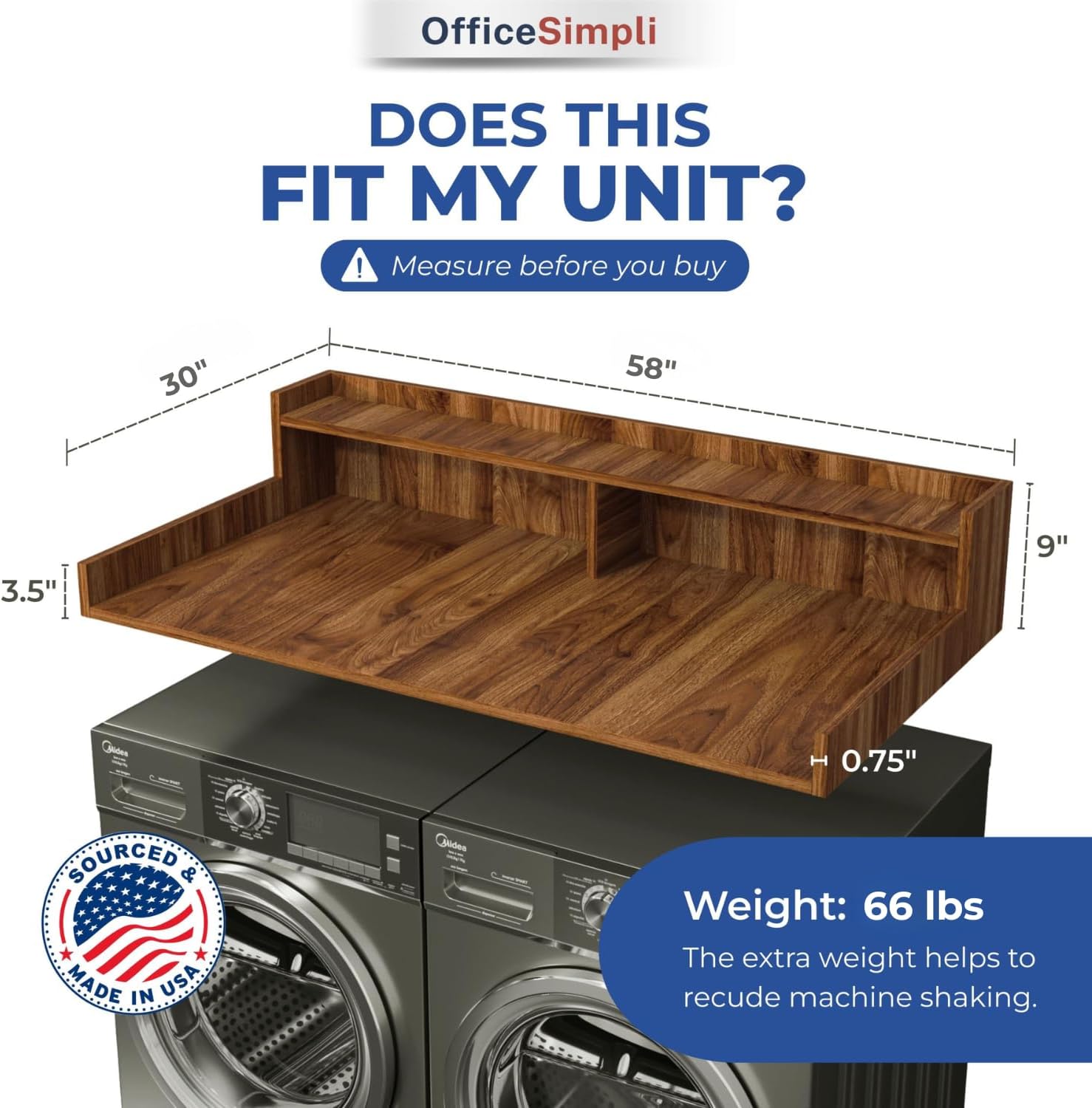 OfficeSimpli Large Washer Dryer Countertop with Shelf, 30 x 58 Inch Made in USA Laundry Countertop Over Washer and Dryer with Non-Slip Pads, Storage Shelf, Laundry Topper Organizer, California Walnut
