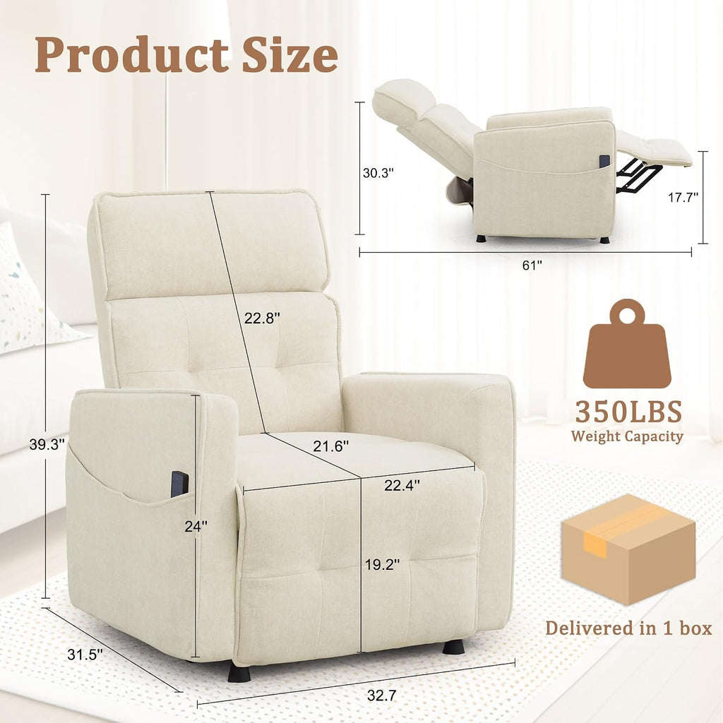 Korser Power Recliner Chair for Adults, Electric Recliner Chairs for Living Room, Comfy Recliners Cashmere Reclining Chair with One-Touch Adjustment & Side Pockets for Reading, Bedroom, Lounge, Beige