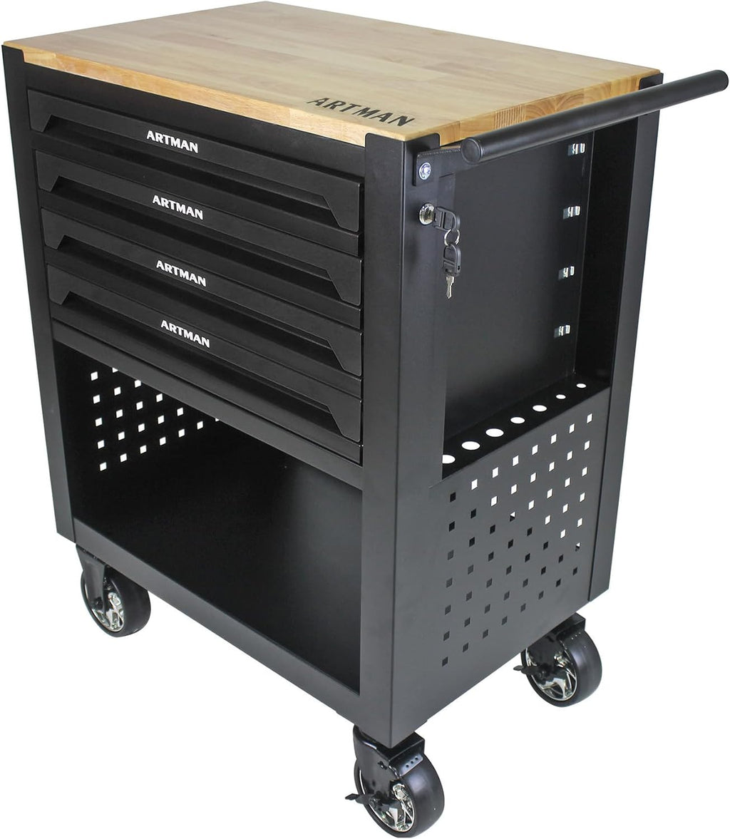 Rolling Tool Cart with 4-Drawer Wood Top Utility Tool Chest on Wheels Mechanic Tool Storage Organizer Cabinet for Garage, Warehouse, Workshop, Repair Shop (Black)