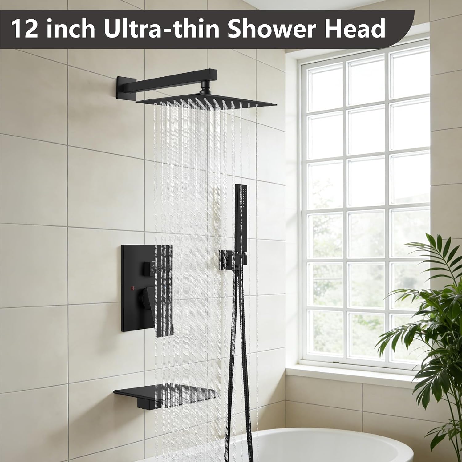 Midanya Shower System with Tub Spout,Bathtub Shower Faucet Set with Square Rainfall Head and Handheld Sprayer Wall Mount Tub Faucet Set with Valve and Trim Kit,12 Inch Matte Black
