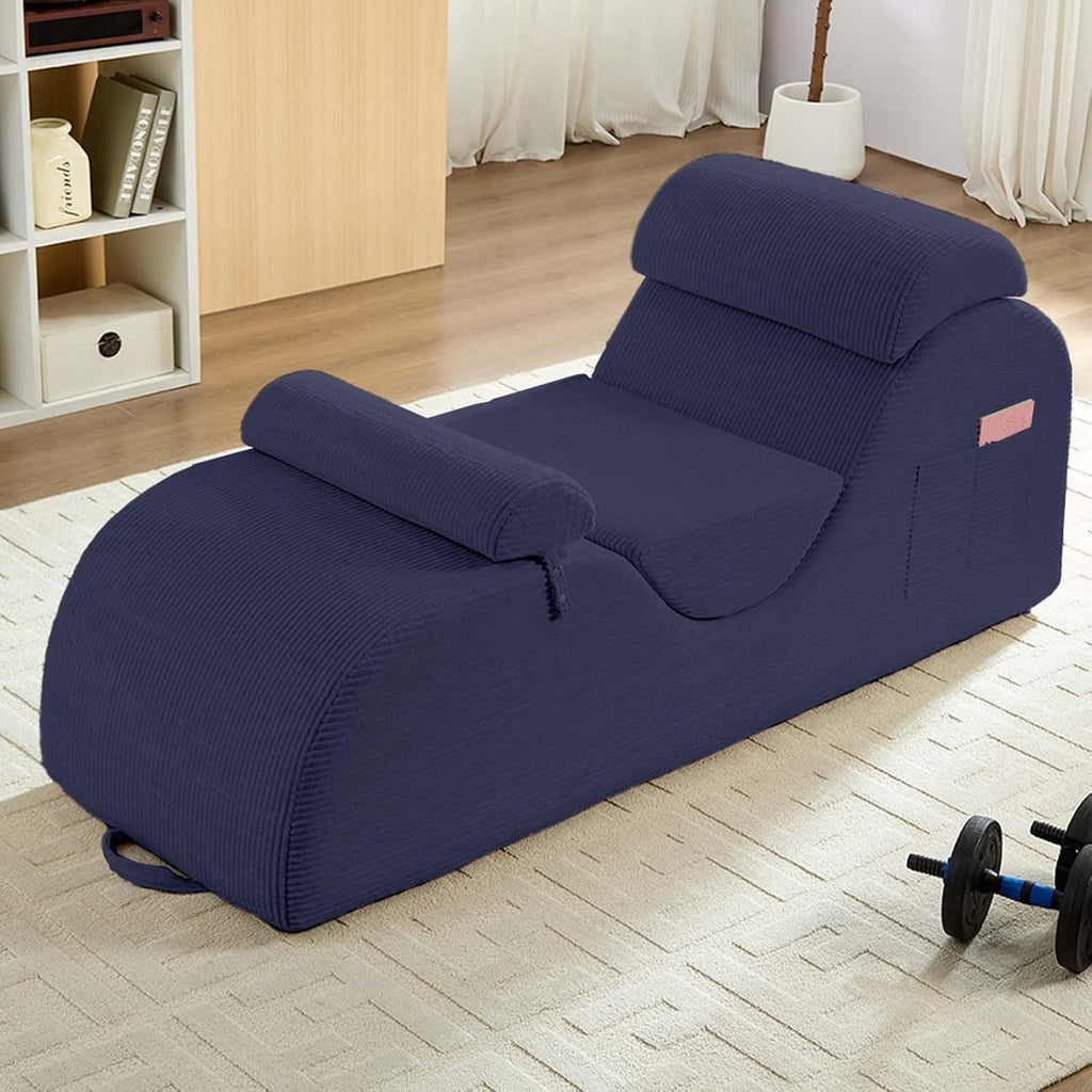 ijuicy 25' Wide Ergonomic Yoga Chair, Stretch Yoga Chaise Lounger with Adjustable Headrest, Waist Cushion, Movable Footrest, Side Pockets, Modern Reading Chair -Blue