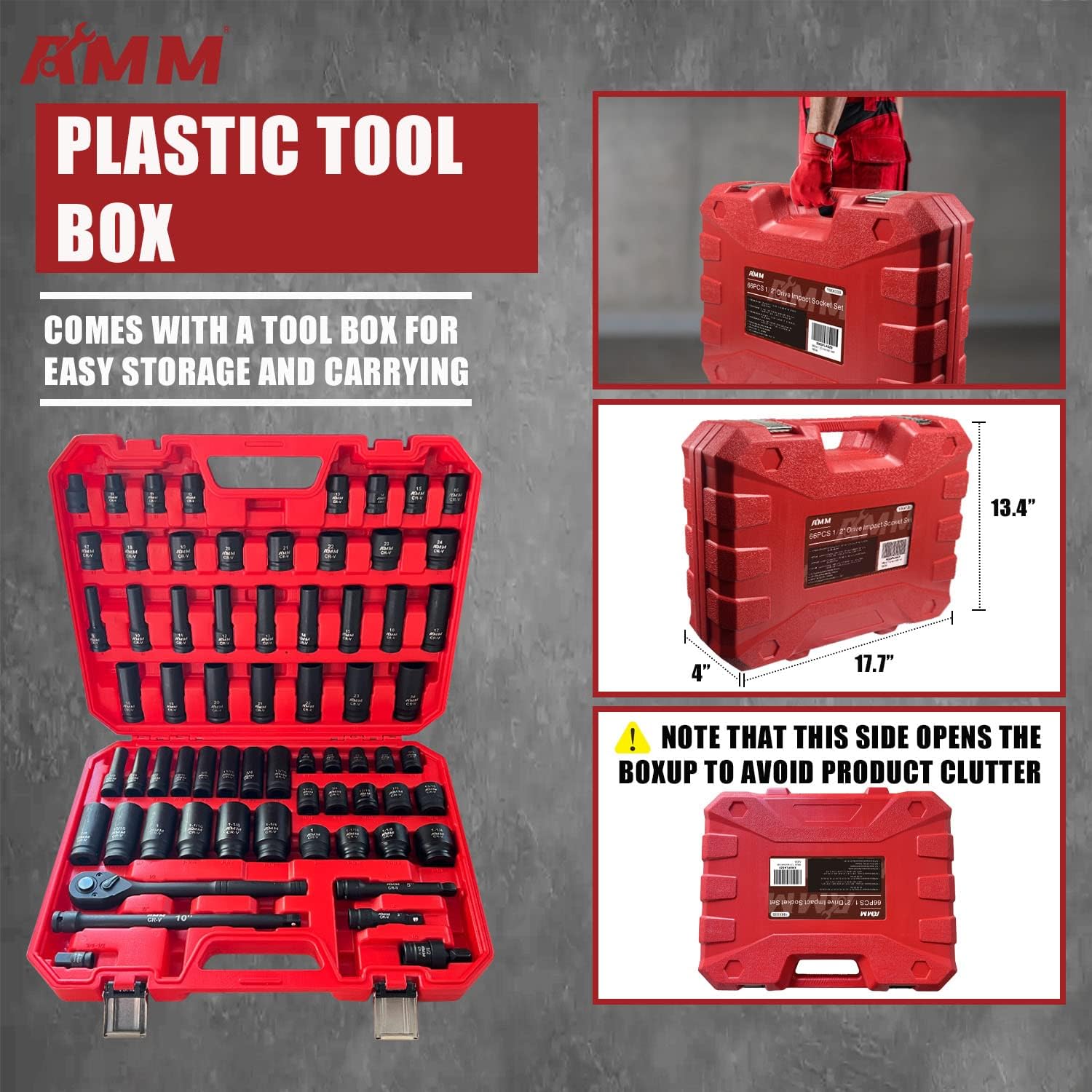 AMM 1/2-inch 66 Pieces Impact Socket Master Set, SAE & Metric from 5/16'-1-1/4',8-24mm, Shallow/Deep Socket Set with Ratched Hand, Extension Bar and Adapters，Cr-V steel
