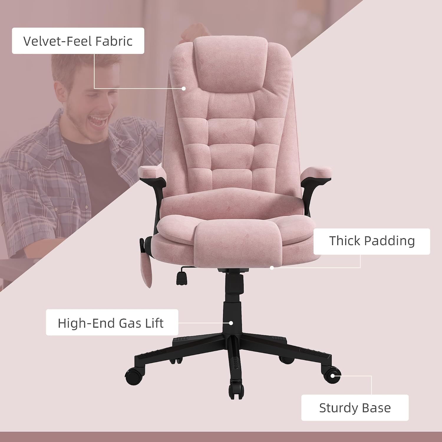 HOMCOM Executive Office Chair with 6 Points Vibration Massage and Heated Lumbar Support, Velvet High Back Computer Chair with Reclining Backrest, Tilt Function and Padded Armrests, Pink
