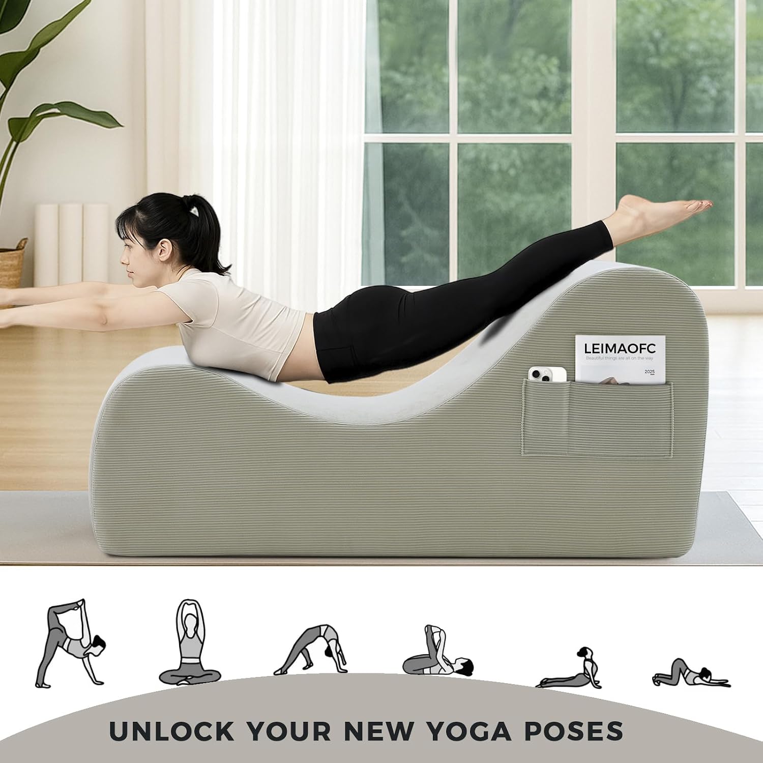 Yoga Chair Lounge for Adult, Ergonomic Chaise Lounge Chair with Side Pocket, Headrest, Waist Pad, Ottoman，Perfect for Stretching, Massage, and Relaxation, Used in Living Room, Bedroom