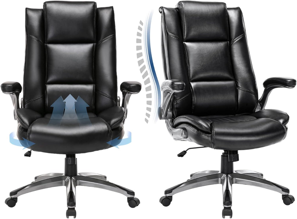 COLAMY Leather Executive Office Chair Set of 2 - High Back Ergonomic Home Computer Desk Chair with Padded Flip-up Arms, Adjustable Tilt Lock, Swivel Rolling Chair for Adult Working Study, Black