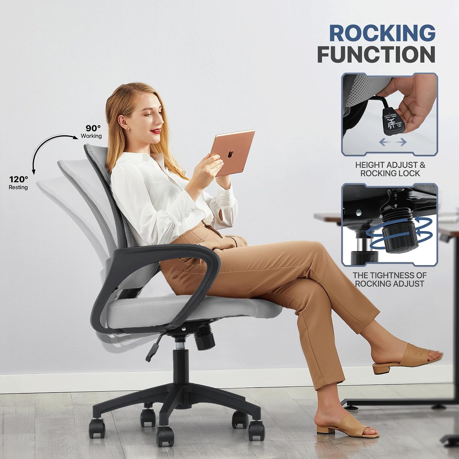 MoNiBloom Mesh Office Chair, Ergonomic Computer Chair for Adults, Rolling Swivel Mid-Back Desk Chair with Lumbar Support, Comfy Armrest for Home Office, Gaming, Light Gray 10 Pack