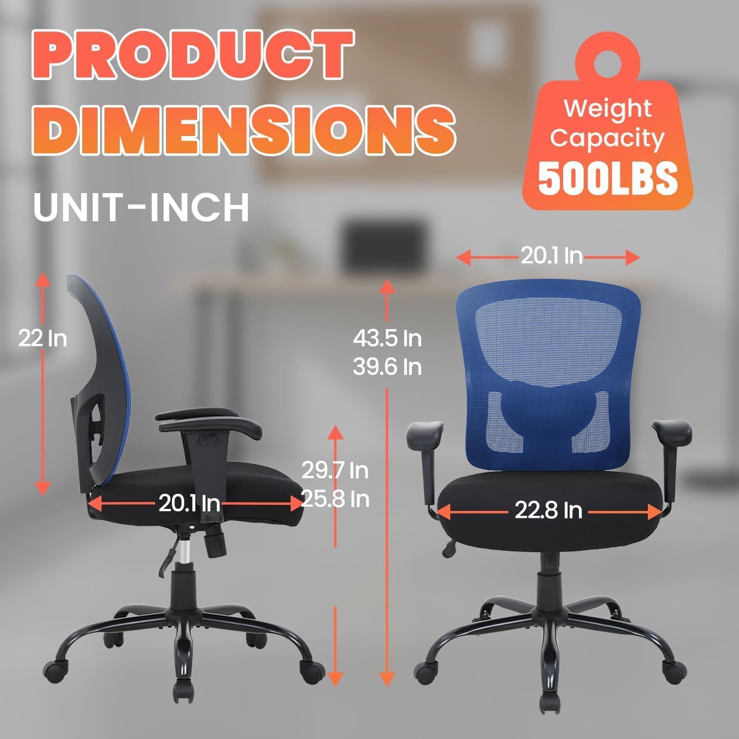 BestOffice Big & Tall Office Chair, 400 lb Capacity Mesh Desk Seating with Lumbar Support, Wide Seat, Adjustable Arms, Rolling Swivel High-Back Ergonomic Executive Task Model for Home Office, Blue