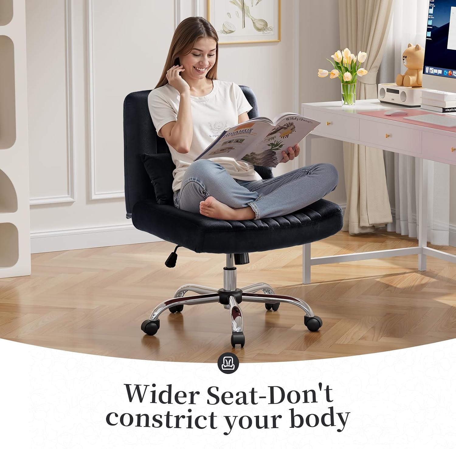 Warmiehomy Criss Cross Chair, Luxury Velvet Cross Legged Chairs, Office Chair for Home Office, Desk Chair with Height Adjustable, Wide Seat Computer Chair, Comfy Vanity Chair Gift, Classic Black