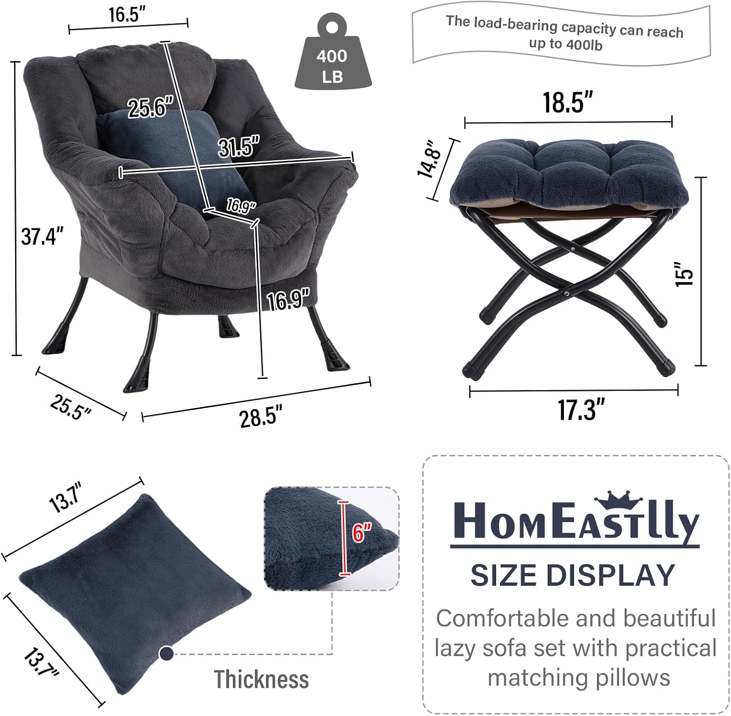 Lazy Chair with Ottoman, Large Blue Gray Accent Chair with Ottoman and FA Throw Pillow, Comfy Plush Reading Chair for Living Room Bedroom Dorm Room Office Apartment Relaxing Use
