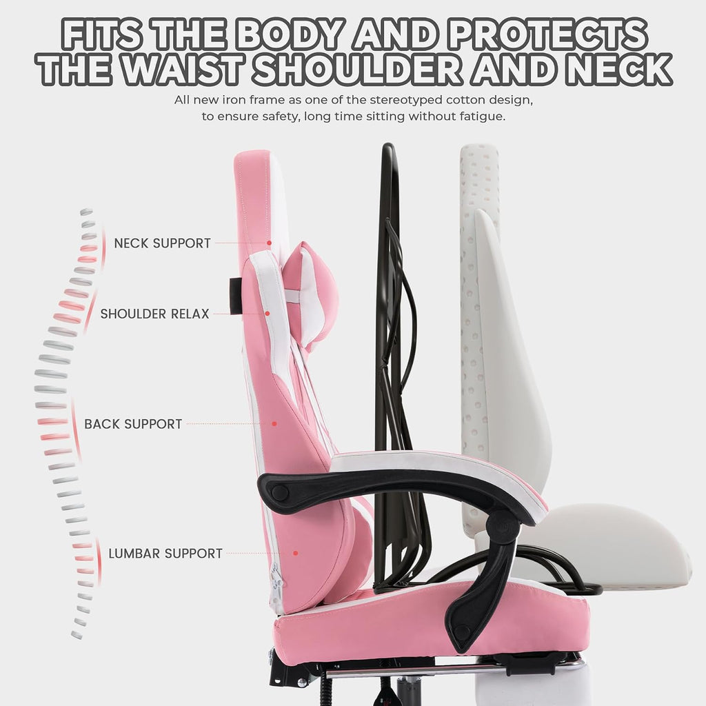 Gaming Chair with Massage and Footrest, Ergonomic High Back PC Racing Chair, 300LBS Capacity with Adjustable Lumbar Support & Headrest for Office and Desk (Model B, Pink)