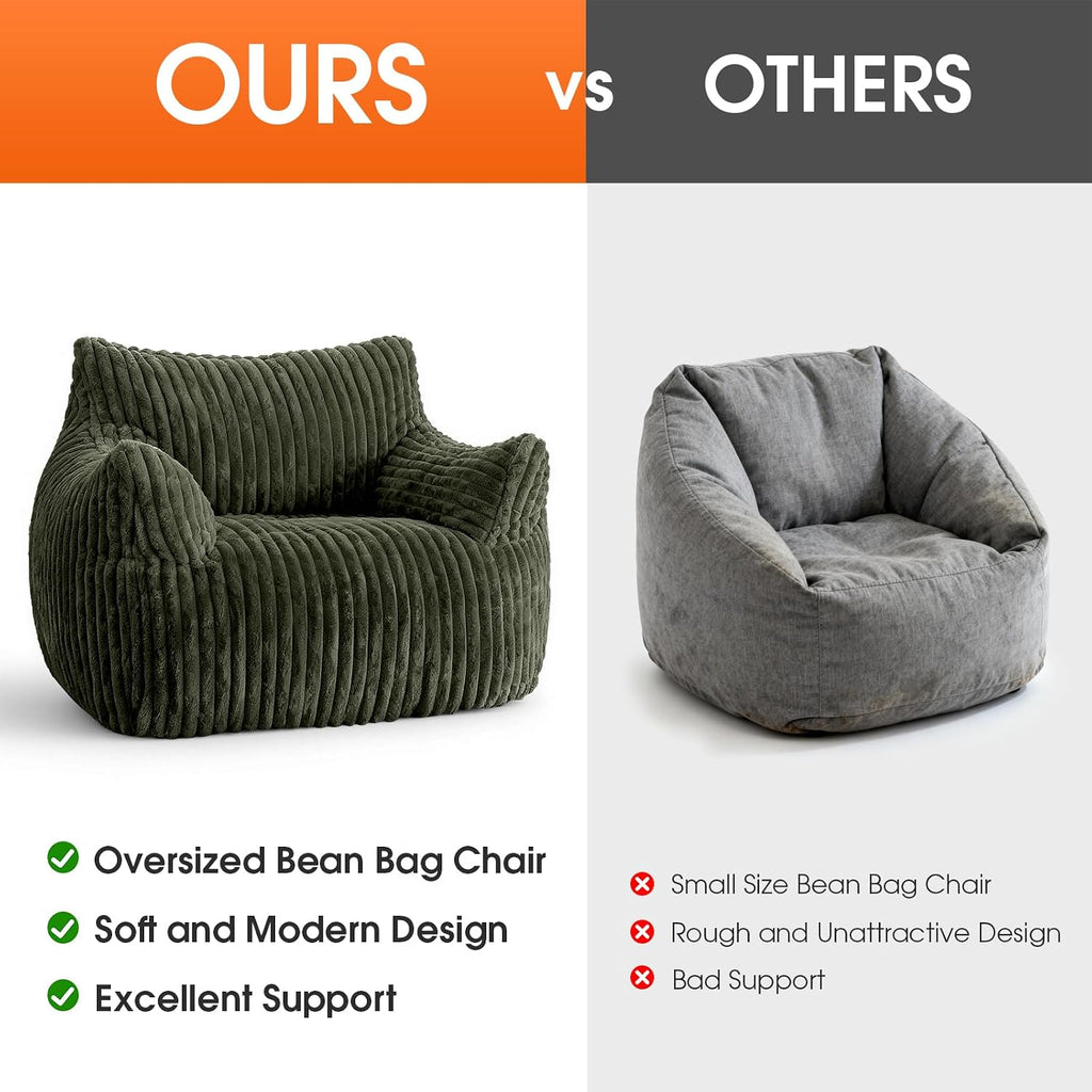 Giant Bean Bag Chair for Adults, Oversized Memory Foam Bean Bag Sofa with Armrests, Large Comfy Fluffy Single Lounges Mini Couch for Living Room, Bedroom & Dorm(Green)