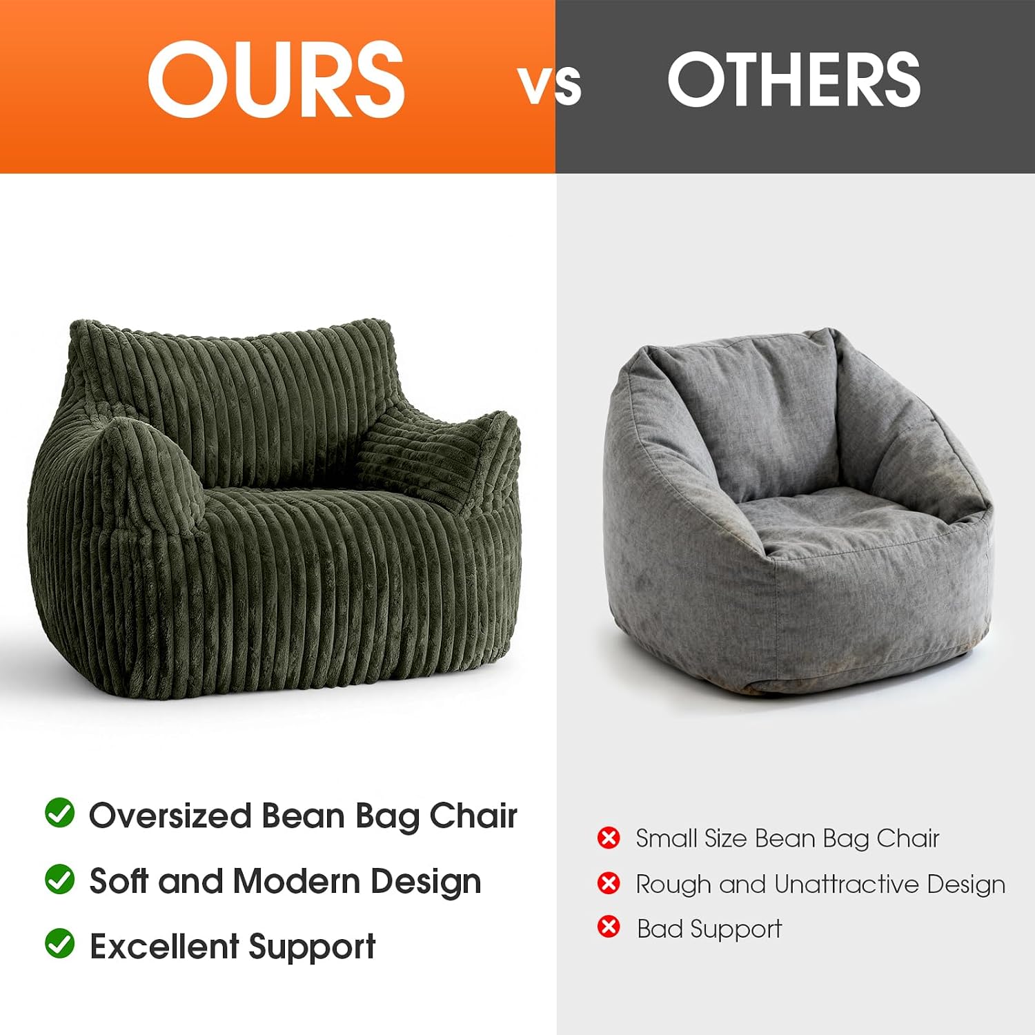 Giant Bean Bag Chair for Adults, Oversized Memory Foam Bean Bag Sofa with Armrests, Large Comfy Fluffy Single Lounges Mini Couch for Living Room, Bedroom & Dorm(Green)