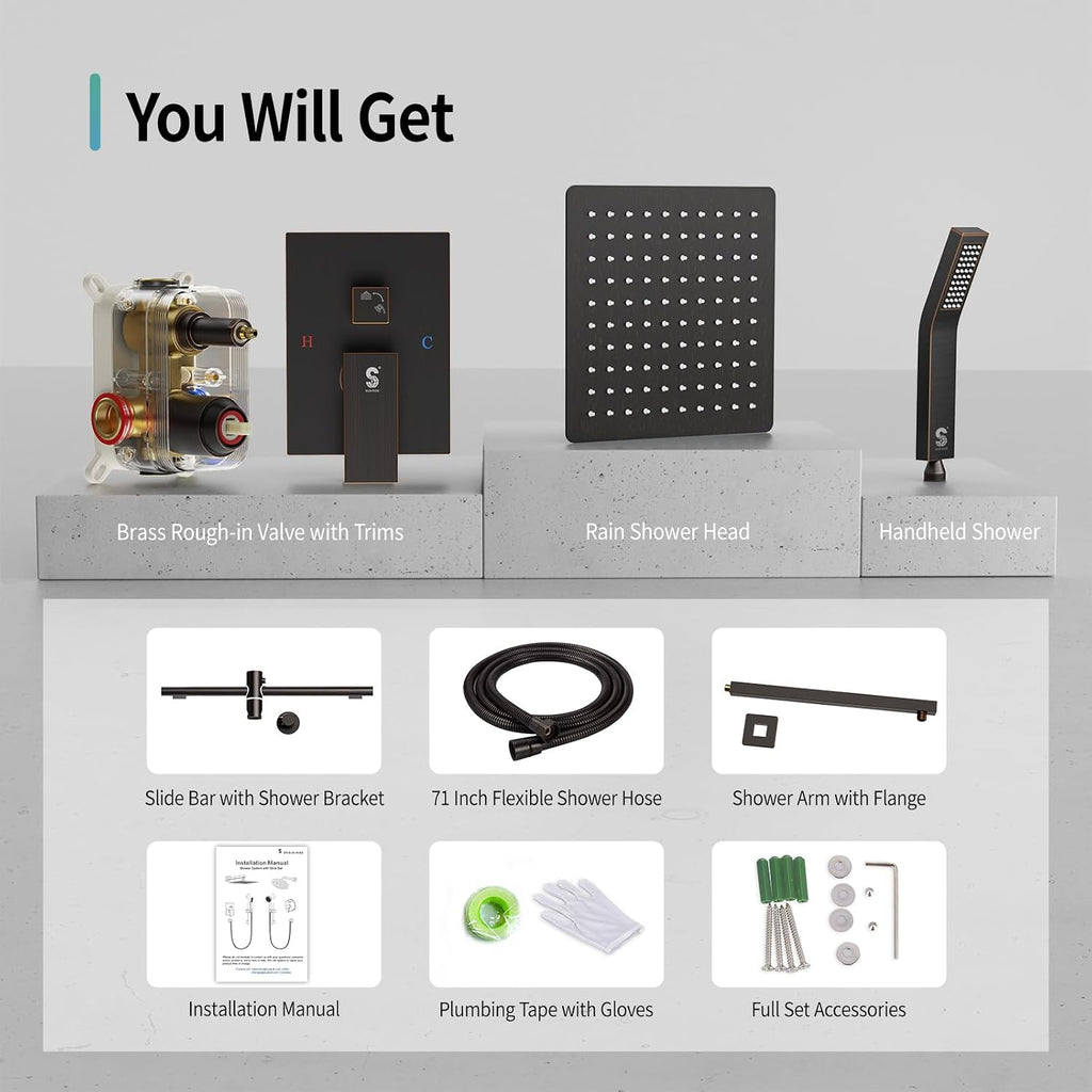 SR SUN RISE 12 Inch Oil Rubbed Bronze Shower Faucet Set, Wall-Mount Adjustable 16-Inch Slide Bar with Square Hand Shower System Included Valve and Trim Kit