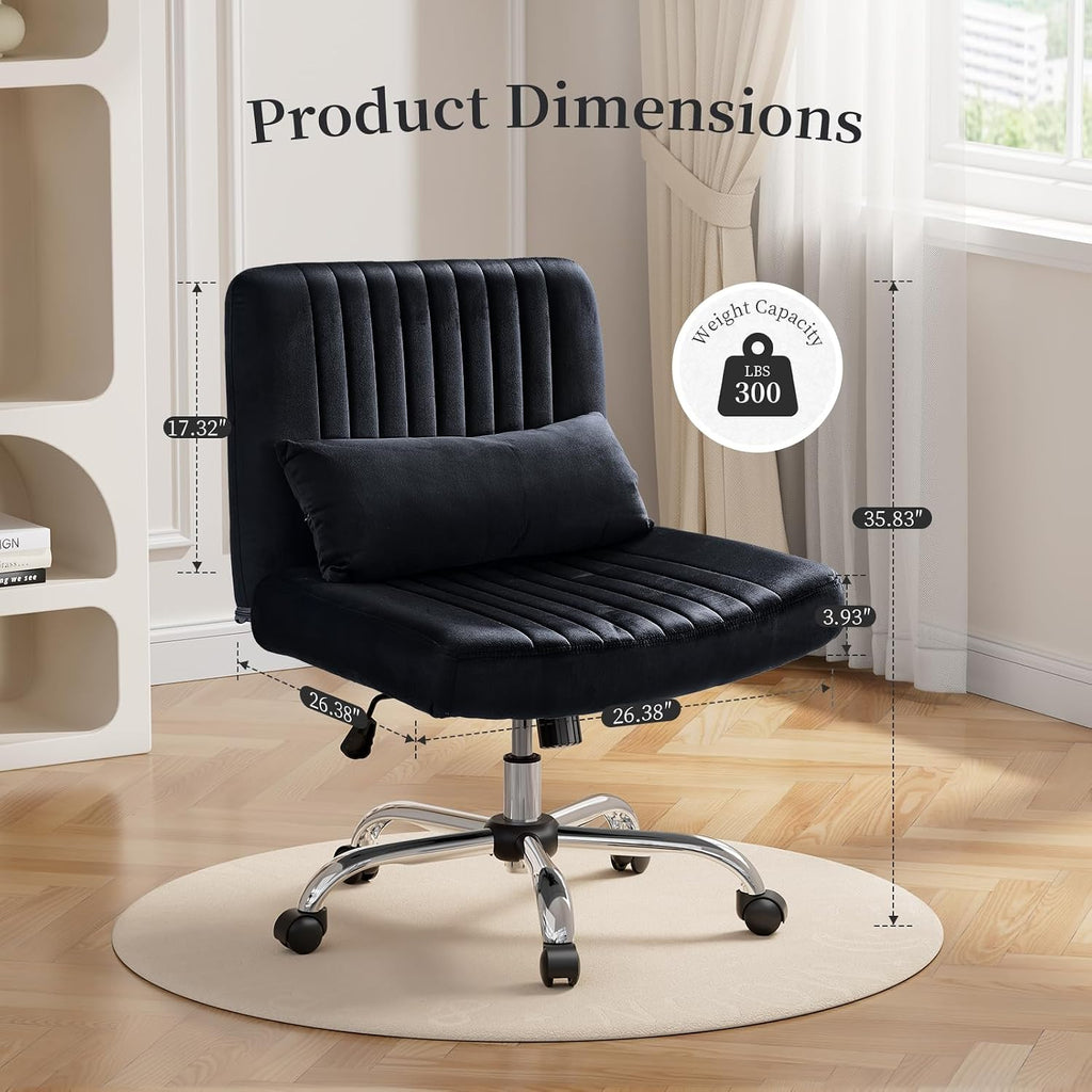 Warmiehomy Criss Cross Chair, Luxury Velvet Cross Legged Chairs, Office Chair for Home Office, Desk Chair with Height Adjustable, Wide Seat Computer Chair, Comfy Vanity Chair Gift, Classic Black