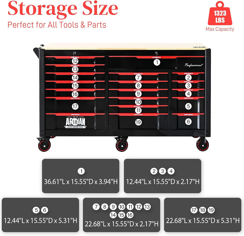 66' Rolling Tool Chest with 19 Drawers Large Mobile Workbench Heavy Duty Tool Cart on Wheels Work Bench Mechanic Toolbox Lockable Storage Cabinet for Garage, Workshop, Warehouse, Laboratory, Wood Top