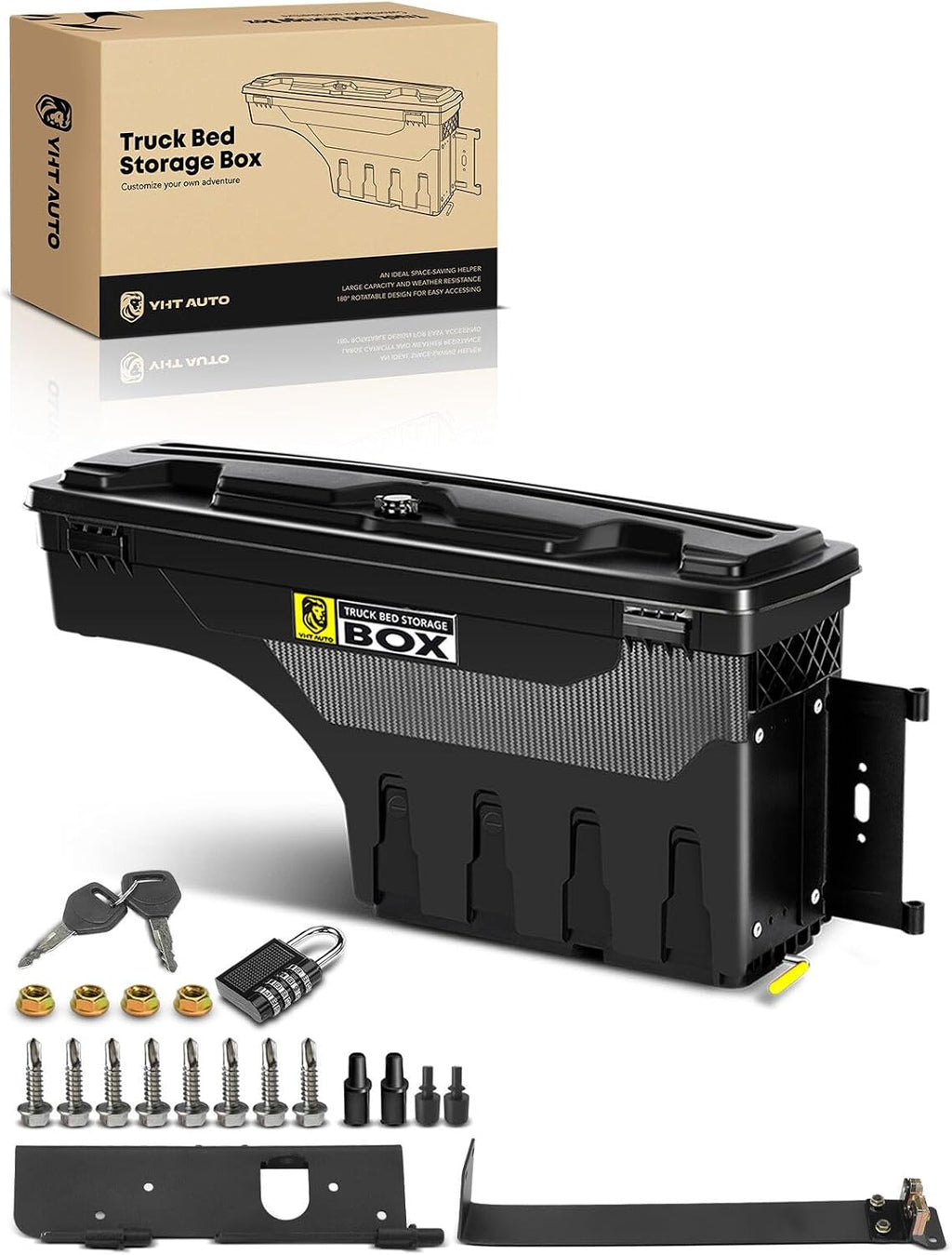YHTAUTO Truck Bed Storage Tool Box Lockable Compatible with 1999-2016 Ford F-250 F-350 Super Duty, Passenger Side, Without Bed Rail Storage, Swing Waterproof Wheel Well Toolbox