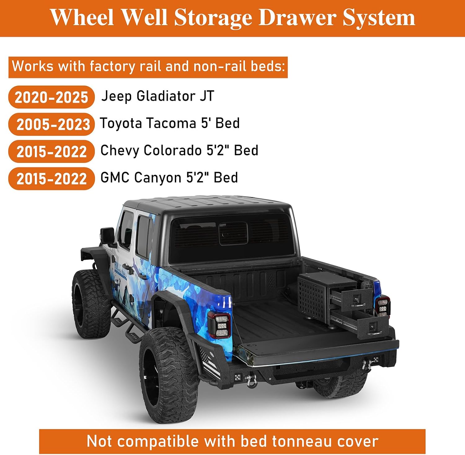 Hooke Road Truck Bed Drawer System Tool Box for Toyota Tacoma, Jeep Gladiator JT, Chevy Colorado & GMC Canyon, Vehicle Bed Side Storage Toolbox with MOLLE Panel