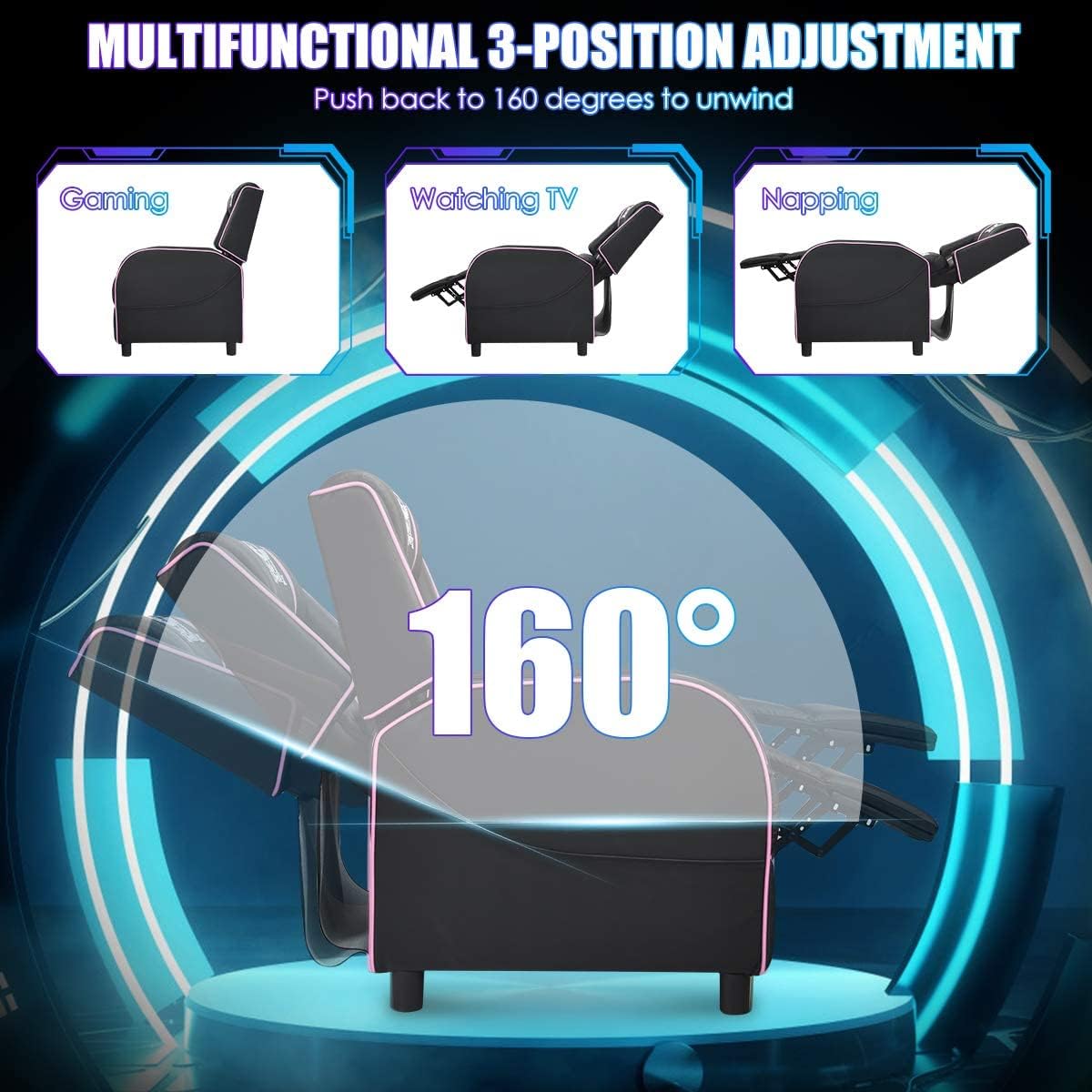 DORTALA Massage Gaming Chair for Adults, Adjustable Recliner Sofa w/Footrest and Massage Function, Adjustable Living Room Recliner, Home Theater Seating, PU Leather, 330LBS Weight Capacity, Pink