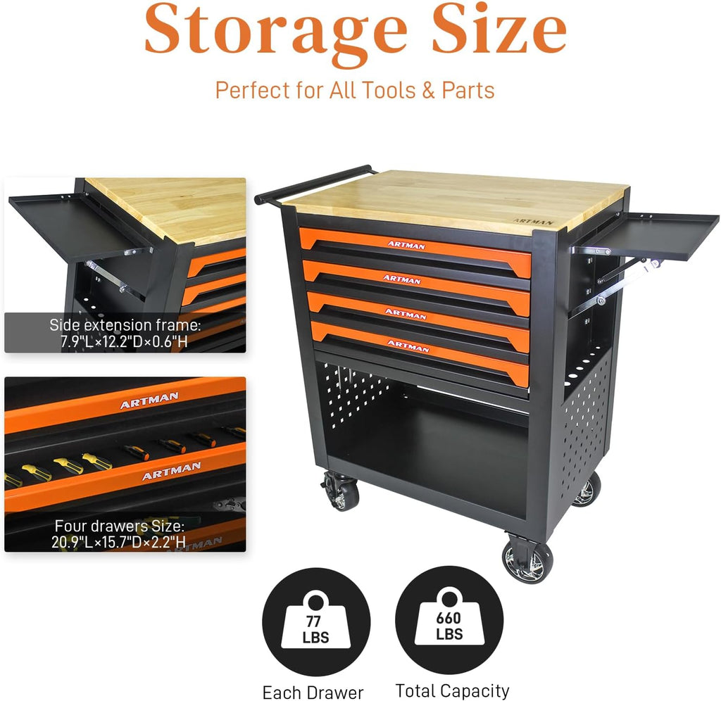 Rolling Tool Cart with 4-Drawer Wood Top Utility Tool Chest on Wheels Mechanic Tool Storage Organizer Cabinet for Garage, Warehouse, Workshop, Repair Shop (Orange)