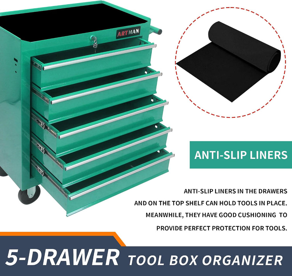 Larmliss 5 Drawers Rolling Tool Box，Tool Chest on Wheels, Lockable Tool Storage Cabinet Organizer Cabinet for Garage, Warehouse, Repair Shop, Workshop