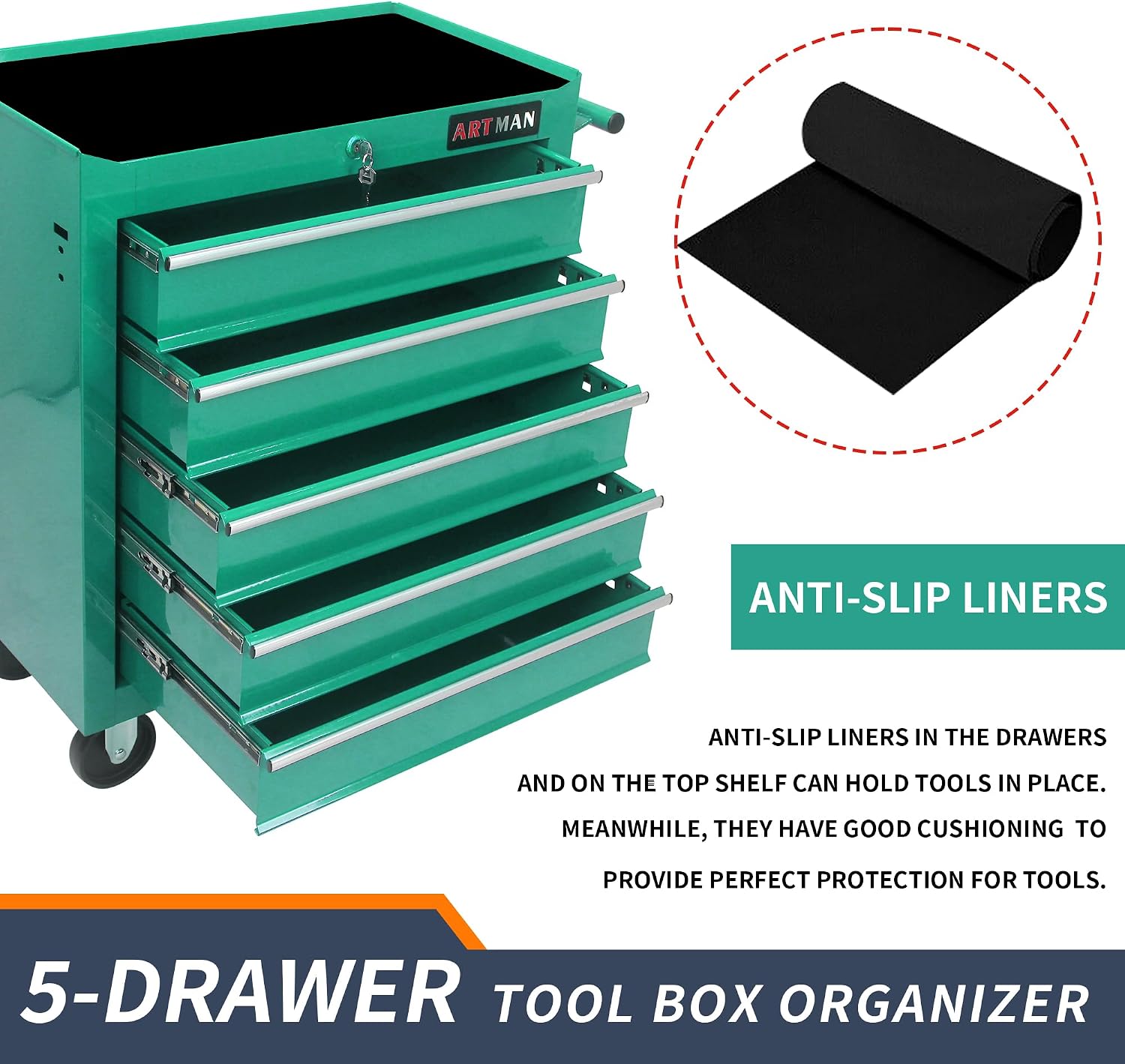 Larmliss 5 Drawers Rolling Tool Box，Tool Chest on Wheels, Lockable Tool Storage Cabinet Organizer Cabinet for Garage, Warehouse, Repair Shop, Workshop
