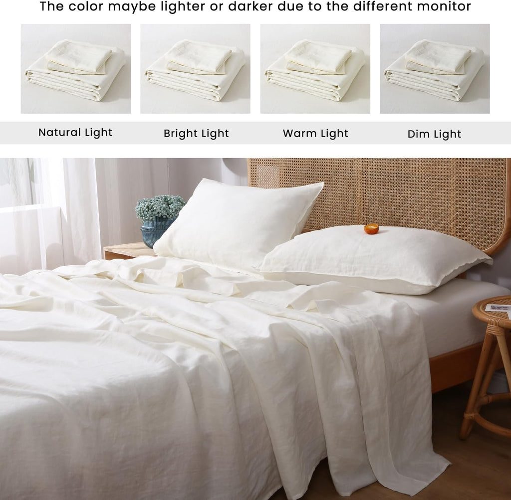 S VICTORY SYMBOL 100% Organic Linen Sheets Set Twin XL,Pure Natural French Linen Bed Sheets 3pcs,Beathable and Durable,Deep Pocket Bedding,Creamy White
