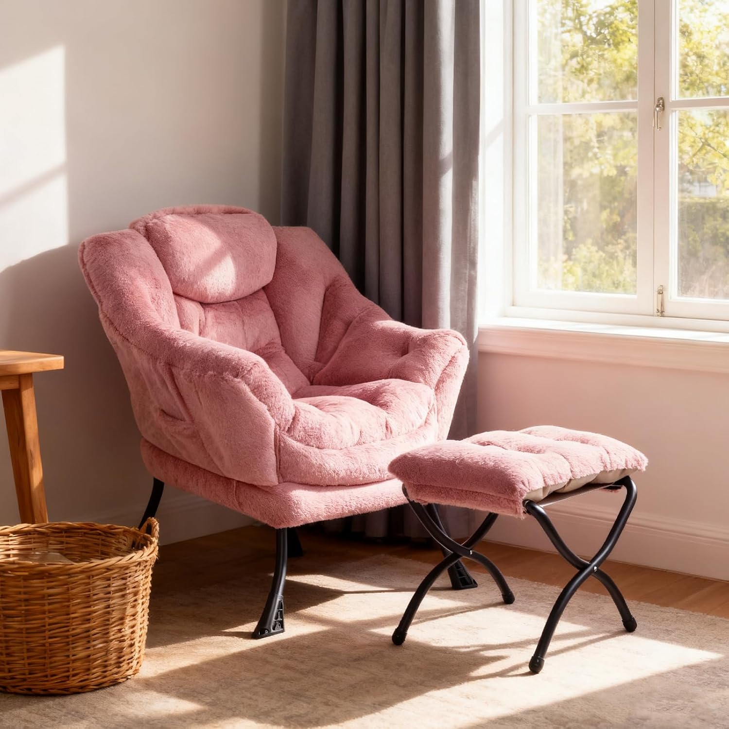 Welnow Lazy Chair with Ottoman, Modern Accent Chair with Armrests and a Side Pocket, Leisure Sofa Armchair Set, Reading Armchair with Footrest for Small Space, Plush Dark Pink