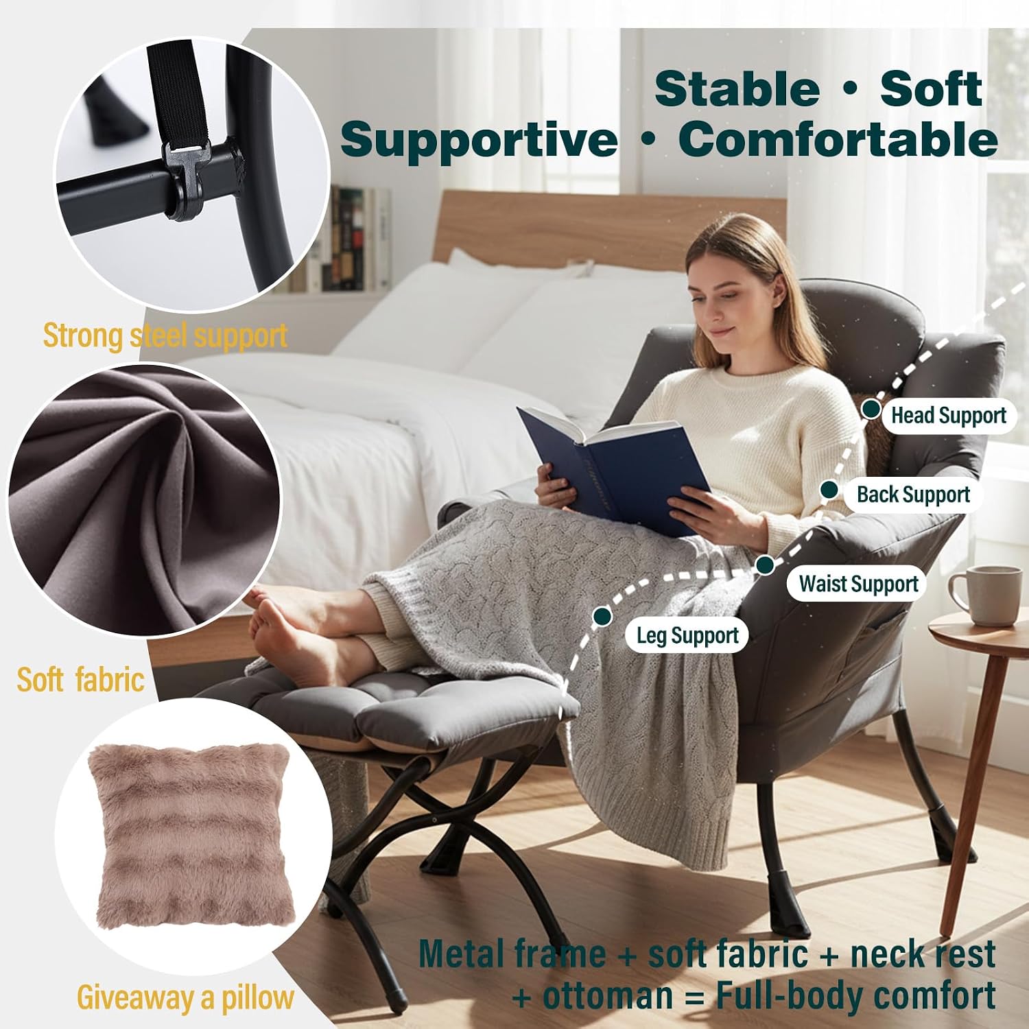 Lazy Chair with Ottoman, Large Accent Chair with Ottoman and a Throw Pillow, Shadow Grey Reading Chair for Living Room Bedroom Dorm Room Office Apartment Relaxing Use