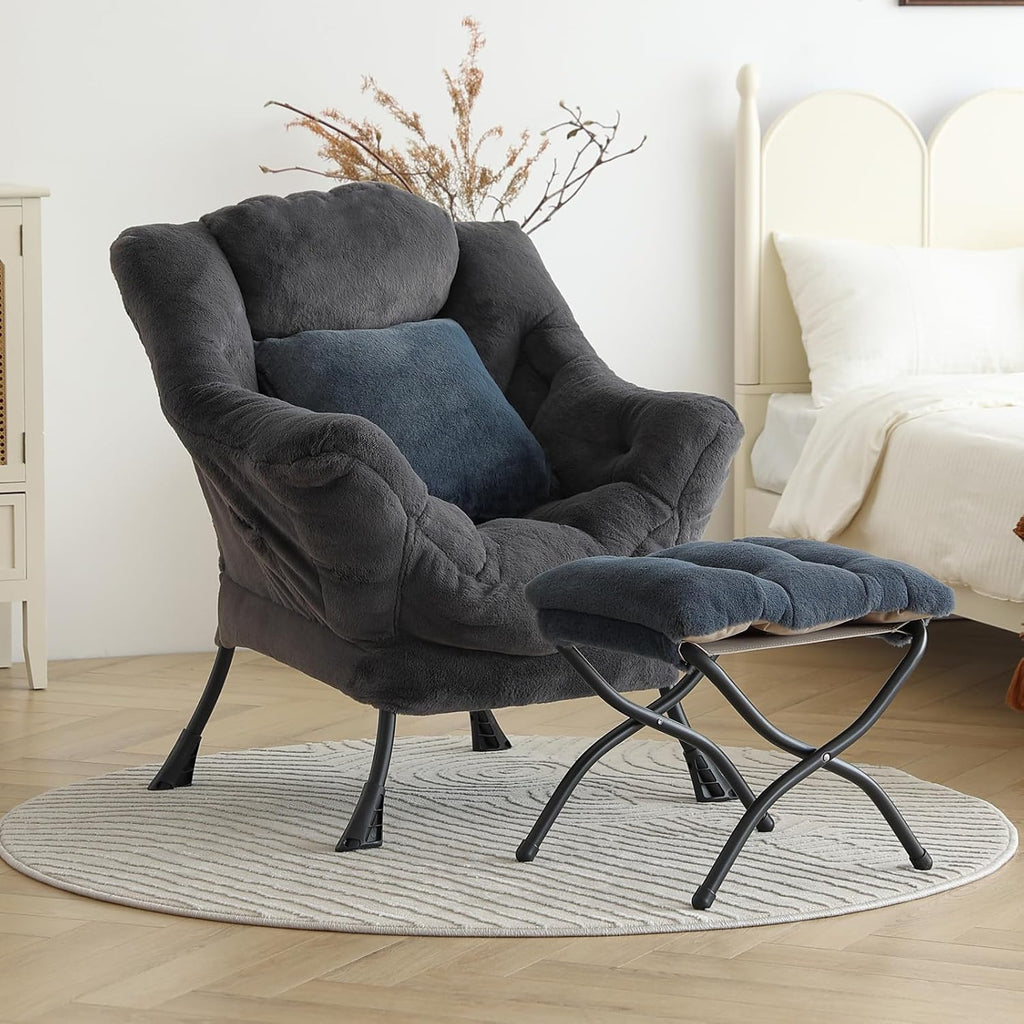 Lazy Chair with Ottoman, Large Blue Gray Accent Chair with Ottoman and FA Throw Pillow, Comfy Plush Reading Chair for Living Room Bedroom Dorm Room Office Apartment Relaxing Use
