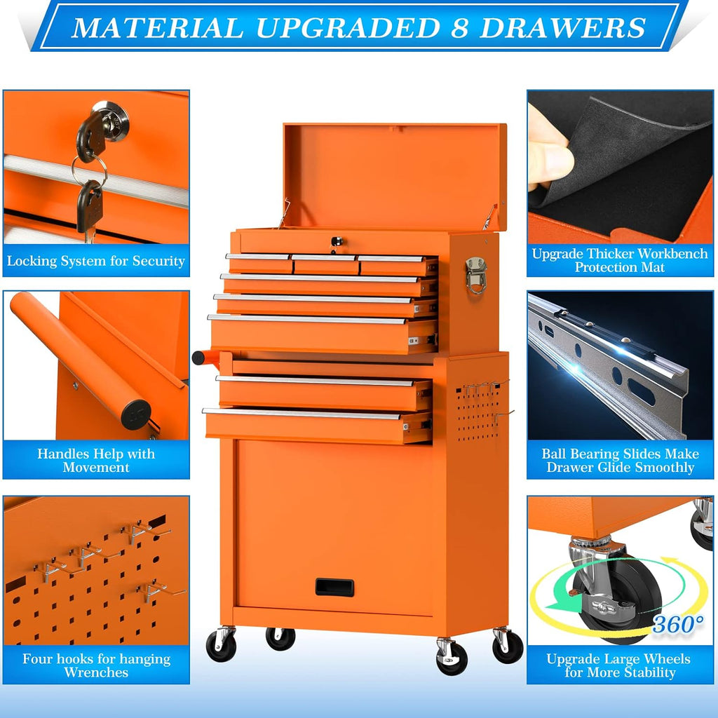 Go Big 8-Drawers Tool Chest Tool Box, Rolling Tool Chest with Wheels, Rolling Tool Box with Wheels, Garage Tool Storage Cabinet on Wheels, Locking System Toolbox(Orange)