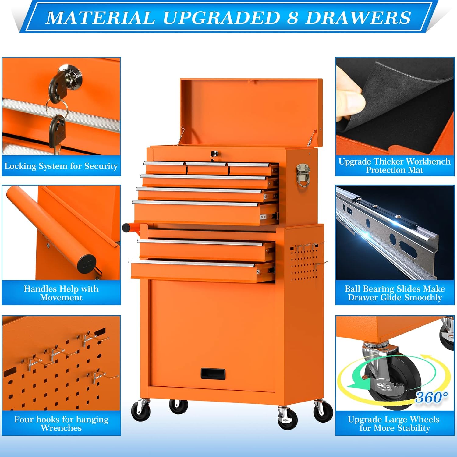 Go Big 8-Drawers Tool Chest Tool Box, Rolling Tool Chest with Wheels, Rolling Tool Box with Wheels, Garage Tool Storage Cabinet on Wheels, Locking System Toolbox(Orange)