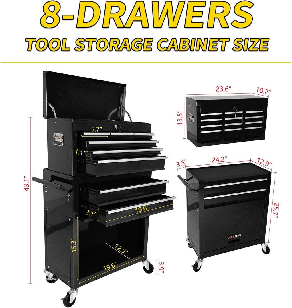 Rolling Tool Chest with Wheels, 8-Drawer Steel Tool Storage Cabinet with Lockable Top, Heavy-Duty Mobile Tool Box Organizer for Garage, Workshop & Job Site